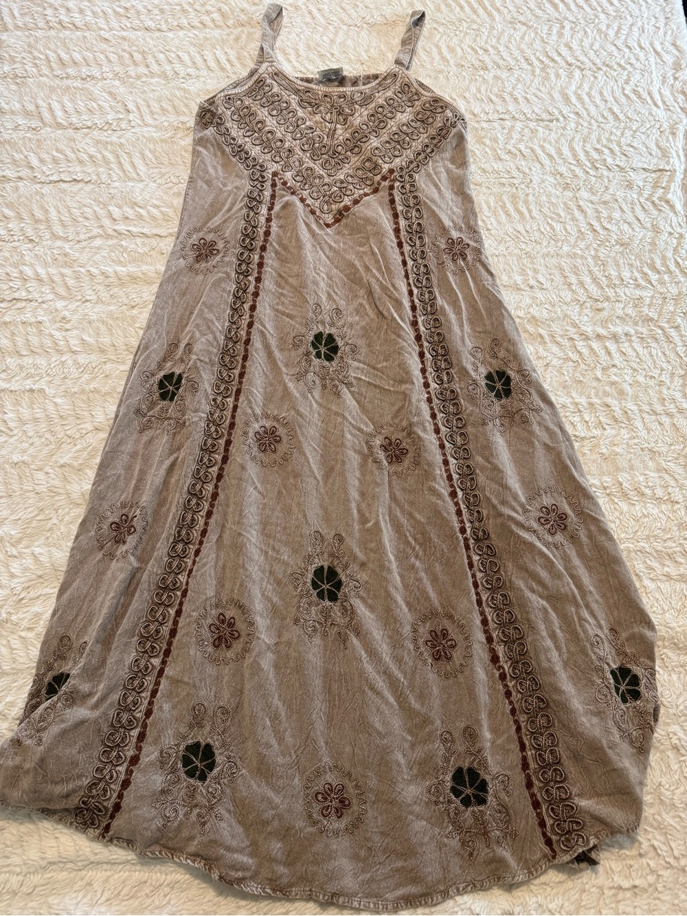 Vintage 90s Magic India Embroidered Rayon Maxi Dress small medium boho hippie
